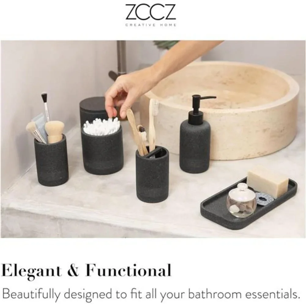 Black Bathroom Accessories Set 6 Pcs - Toothbrush Holder, Lotion Soap Dispensers